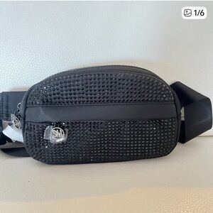 Steve Madden Black Rhinestone Belt Bag Multi Zipper Compartments